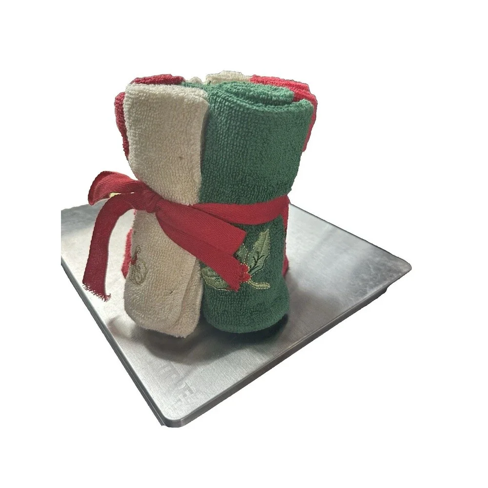 Vintage Bath Set of 6 Christmas Embroidery Multicolor Wash Cloths/Towels- New